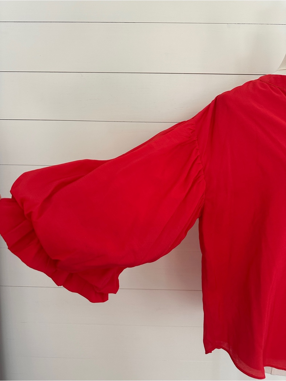 Women’s Red Button-Front Blouse with Billowy Sleeves - Picture 2 of 5